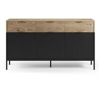 PEGANE Buffet, Meuble de Rangement avec 3 Portes et 3 tiroirs Aspect Bois Coloris chêne et Pieds en métal Noir - Longueur 150 x Profondeur 40 x Hauteur 80 cm