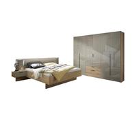 PEGANE Chambre à Coucher (Armoire + Lit Adulte 180x200 cm + 2 chevets) Coloris Imitation chêne Artisan, Façade Verre Gris