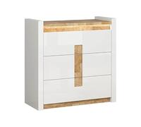 PEGANE Commode à 3 tiroirs Meuble de Rangement avec éclairage LED, Coloris Blanc Brillant/Chêne Clair - Longueur 97 x Profondeur 41 x Hauteur 96,5 cm