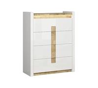 PEGANE Commode à 4 tiroirs Meuble avec éclairage LED, Coloris Blanc Brillant/Chêne Clair - Longueur 62 x Profondeur 41,5 x Hauteur 51,5 cm
