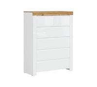 PEGANE Commode à 6 tiroirs Meuble de Rangement,Coloris Blanc/Chêne wotan - Longueur 98,5 x Profondeur 42 x Hauteur 129,5 cm