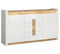 PEGANE Commode avec 2 Porte et 3 tiroirs avec éclairage LED, Coloris Blanc Brillant/Chêne Clair - Longueur 172 x Profondeur 41 x Hauteur 96,5 cm