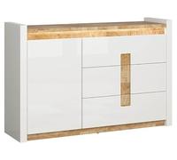 PEGANE Commode avec Porte et 3 tiroirs avec éclairage LED, Coloris Blanc Brillant/Chêne Clair - Longueur 147x Profondeur 41 x Hauteur 96,5 cm