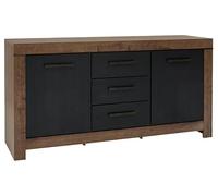 PEGANE Commode Buffet à 2 Portes et 3 tiroirs, Coloris Chêne Marron foncé/Chêne Noir - Longueur 160 x Profondeur 45 x Hauteur 85 cm