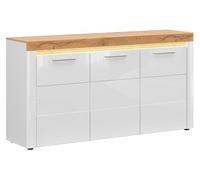 PEGANE Commode Buffet à 3 Portes avec éclairage LED Coloris Chêne doré/Blanc Haute Brillance - Longueur 170 x Profondeur 42 x Hauteur 90 cm