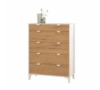 PEGANE Commode Chiffonnier Meuble de Rangement avec 5 tiroirs Coloris Blanc/chêne Albar - Hauteur 110 x Longueur 80 x Profondeur 48 cm
