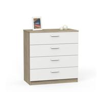 PEGANE Commode de Rangement de 4 Tiroirs avec Glissières Métalliques Coloris Blanche et Chêne cambrien - Longueur 74 x Profondeur 40 x Hauteur 78 cm