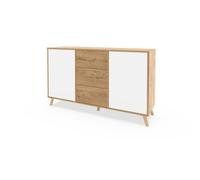 PEGANE Commode Meuble de Rangement 2 Portes et 3 tiroirs Coloris Chêne doré/Blanc - Longueur 140 x Hauteur 89 x Profondeur 40 cm
