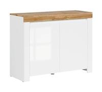 PEGANE Commode Meuble de Rangement à 2 Portes,Coloris Blanc/Chêne wotan - Longueur 106 x Profondeur 42 x Hauteur 83,5 cm
