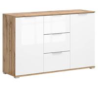 PEGANE Commode Meuble de Rangement à 2 Portes et 3 tiroirs,Coloris Chêne wotan/Blanc Brillant - Longueur 135 x Profondeur 41 x Hauteur 86 cm