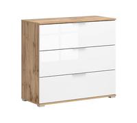 PEGANE Commode Meuble de Rangement à 3 tiroirs,Coloris Chêne wotan/Blanc Brillant - Longueur 95 x Profondeur 41 x Hauteur 86 cm