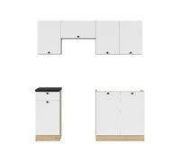 PEGANE Cuisine complète 180 cm,Ensemble de Meuble de Cuisine Coloris Blanc/Chêne berstein, Plan de Travail Noir Inclus