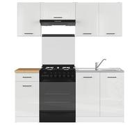 PEGANE Cuisine complète 180 cm,Ensemble de Meuble de Cuisine Coloris Blanc/Craie Brillant, Plan de Travail Coloris Chêne doré Inclus