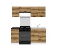 PEGANE Cuisine complète 180 cm,Ensemble de Meuble de Cuisine Coloris Chêne Delano/Blanc, Plan de Travail Noir Inclus