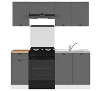 PEGANE Cuisine complète 180 cm,Ensemble de Meuble de Cuisine Coloris Gris Graphite/Blanc, Plan de Travail Coloris Chêne doré Inclus