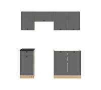 PEGANE Cuisine complète 180 cm,Ensemble de Meuble de Cuisine Coloris Gris Graphite/Chêne Graphite, Plan de Travail Noir Inclus