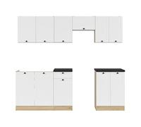 PEGANE Cuisine complète 240 cm,Ensemble de Meuble de Cuisine Coloris Blanc/Chêne berstein, Plan de Travail Noir Inclus