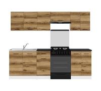 PEGANE Cuisine complète 240 cm,Ensemble de Meuble de Cuisine Coloris Chêne Delano/Blanc, Plan de Travail Noir Inclus