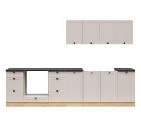 PEGANE Cuisine complète 300 cm,Ensemble de Meuble de Cuisine Coloris chêne Bernstein/Uni Cachemire, Plan de Travail Coloris Noir Inclus