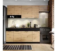 PEGANE Cuisine complète Erika 7 éléments Couleur chêne Artisan/Noire, Plan de Travail Non Inclus - Longueur 180/240 cm