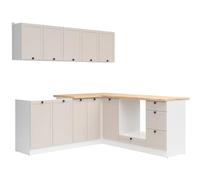 PEGANE Cuisine d'angle complète 200x200 cm, Meubles de Cuisine modulables Coloris Blanc/uni Cachemire, Plan de Travail chêne doré Inclus