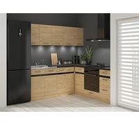 PEGANE Cuisine d'angle complète 200x200 cm, Meubles de Cuisine modulables Coloris Chêne Bernstein, Plan de Travail Noir Inclus