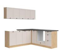 PEGANE Cuisine d'angle complète 200x200 cm, Meubles de Cuisine modulables Coloris chêne Bernstein/Uni Cachemire, Plan de Travail Coloris Noir Inclus