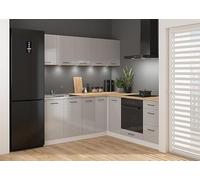 PEGANE Cuisine d'angle complète 200x200 cm, Meubles de Cuisine modulables Coloris Gris Clair Brillant/Blanc, Plan de Travail chêne doré Inclus