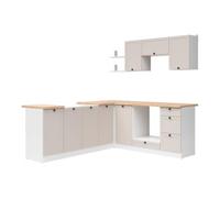 PEGANE Cuisine d'angle complète 200x220 cm, Meubles de Cuisine modulables Coloris Blanc/uni Cachemire, Plan de Travail chêne doré Inclus