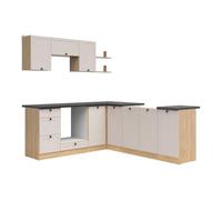 PEGANE Cuisine d'angle complète 200x220 cm, Meubles de Cuisine modulables Coloris chêne Bernstein/Uni Cachemire, Plan de Travail Coloris Noir Inclus