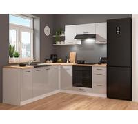 PEGANE Cuisine d'angle complète 200x220 cm, Meubles de Cuisine modulables Coloris Gris Clair Brillant/Blanc, Plan de Travail Non Inclus