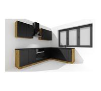 PEGANE Cuisine d'angle complète ISYA 9 éléments Noir et Chêne Artisan 200x260 cm sans plan de travail