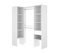 PEGANE Dressing d'angle Ouvert avec penderie à Double tringles, 1 tiroir et 8 étagères, Coloris Blanc - Hauteur 185 x Longueur 126,3 x Profondeur 79,4 cm