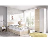 PEGANE Ensemble Chambre à Coucher complète (lit Adulte 190x90 cm avec 1 tiroir + Table de Chevet + Armoire + Commode) Coloris Blanc, chêne Naturel