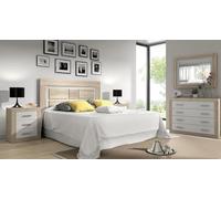 Ensemble chambre à coucher, tête de lit + 2 tables chevets + commode + miroir mural coloris Chêne cambrian, blanc