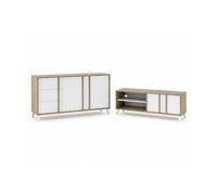 PEGANE Ensemble de Salon Buffet + Meuble TV Style Scandinave - Coloris Chêne Clair et Blanc