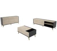 PEGANE Ensemble de Salon en Bois mélaminé avec Meuble Bas TV + Table Basse relevable + Buffet Coloris chêne Naturel, Graphite