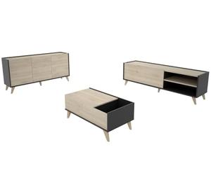 PEGANE Ensemble de Salon en Bois mélaminé avec Meuble Bas TV + Table Basse relevable + Buffet Coloris chêne Naturel, Graphite