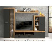 PEGANE Ensemble de Salon Meuble TV + 1 étagère Murale + Armoire + Meuble Haut Coloris chêne Cambrian, Graphite