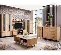 PEGANE Ensemble Salon avec 2 vitrine, Meuble TV, étagère Murale, Buffet et Table Basse Couleur chêne Artisan/Noir