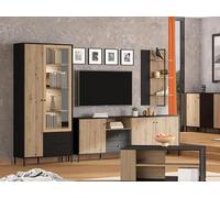 PEGANE Ensemble Salon avec vitrine, Meuble TV et étagère Murale Couleur chêne Artisan/chêne Noir
