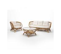 PEGANE Ensemble Salon, Set de 3 Meubles de Salon en rotin et Verre trempé Coloris Naturel