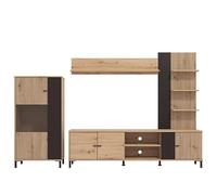 PEGANE Ensemble TV avec vitrine, Meuble TV et étagère Couleur Chêne Artisan/Noir - Longueur 263 x Profondeur 40 x Hauteur 167 cm
