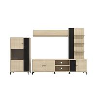 PEGANE Ensemble TV avec vitrine, Meuble TV et étagère Couleur Chêne Clair/Noir - Longueur 263 x profonduer 40 x Hauteur 167 cm