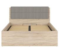 PEGANE Lit adule 140x200 avec tête de lit capitonnée Beige,sommier et Rangement, Coloris chêne Sonoma - Longueur 204,5 x Profondeur 149 x Hauteur 95/40,5 cm