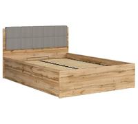 PEGANE Lit adule 140x200 avec tête de lit capitonnée Gris Clair,sommier et Rangement, Coloris Chêne wotan - Longueur 204,5 x Profondeur 149 x Hauteur 95/40,5 cm