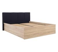PEGANE Lit adule 140x200 avec tête de lit capitonnée Noir,sommier et Rangement, Coloris chêne Sonoma/Noir - Longueur 204,5 x Profondeur 149 x Hauteur 95/40,5 cm
