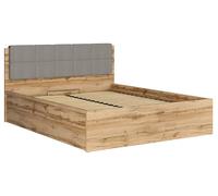 PEGANE Lit adule 160x200 avec tête de lit capitonnée Gris Clair,sommier et Rangement, Coloris Chêne wotan - Longueur 204,5 x Profondeur 169 x Hauteur 95/40,5 cm