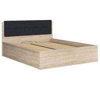 PEGANE Lit adule 160x200 avec tête de lit capitonnée Noir,sommier et Rangement, Coloris chêne Sonoma - Longueur 204,5 x Profondeur 169 x Hauteur 95/40,5 cm