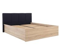 PEGANE Lit adule 160x200 avec tête de lit capitonnée Noir,sommier et Rangement Coloris Chêne wotan - Longueur 204,5 x Profondeur 169 x Hauteur 95/40,5 cm